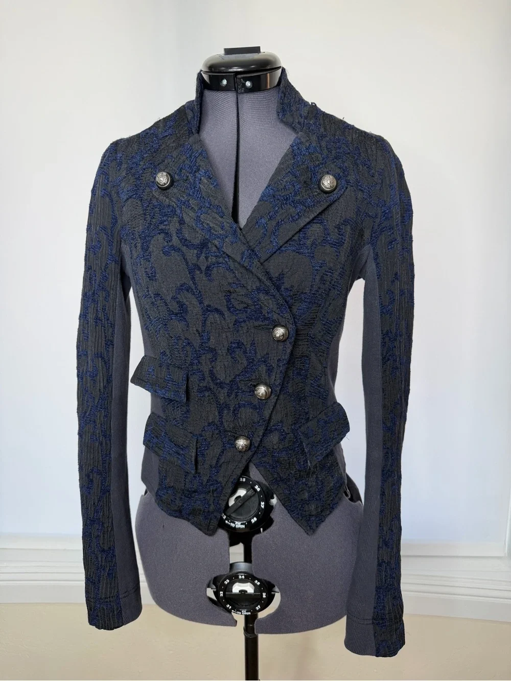 Free People Navy and Charcoal Textured Military-Style Blazer